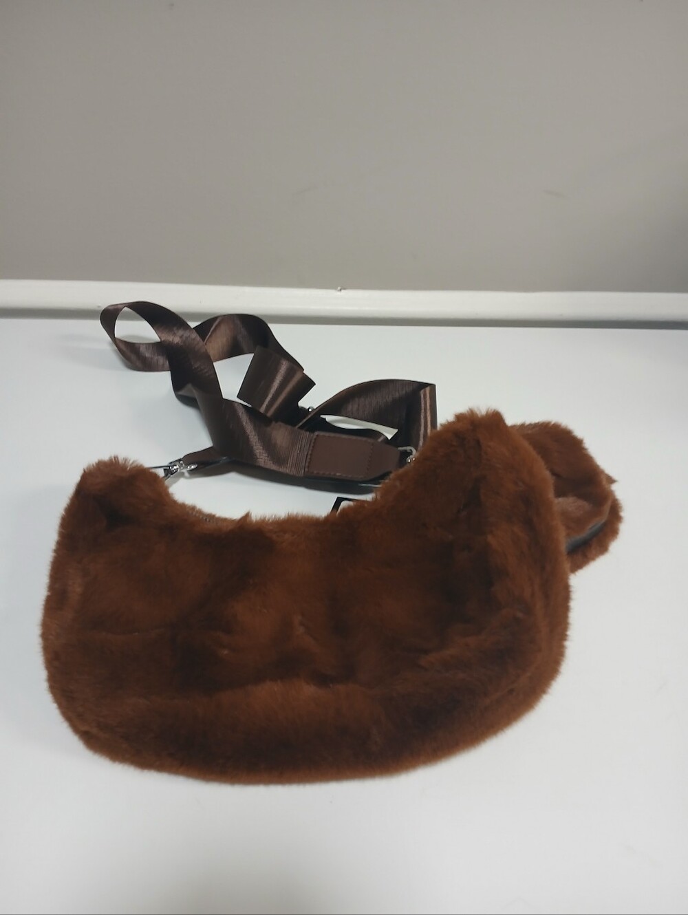 Brown Bear Fluffy Faux Fur Crescent & Pouch Crossbody Bag New!